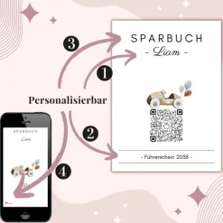 Geldgeschenk Personalisiert | Virtuelles Sparbuch | QrCode Geschenkkarte inklusive Reagenzglas und Kartenständern | Auto