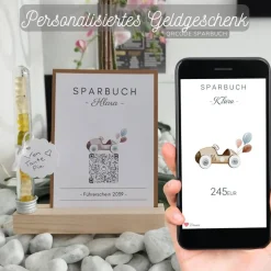 Geldgeschenk Personalisiert | Virtuelles Sparbuch | QrCode Geschenkkarte inklusive Reagenzglas und Kartenständern | Auto