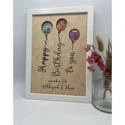 Geldgeschenk personalisiert zum Geburtstag – Bilderrahmen mit Luftballon, Geschenkidee, Geldverpackung, personalisierbar