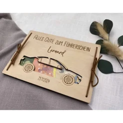 Geldgeschenk personalisiert zum bestandenem Führerschein aus Holz, Geschenk zur bestandenen Prüfung. Holzkarte