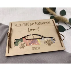 Geldgeschenk personalisiert zum bestandenem Führerschein aus Holz, Geschenk zur bestandenen Prüfung. Holzkarte