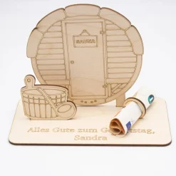 Geldgeschenk Sauna - aus Holz personalisiert
