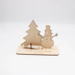 Geldgeschenk Schneemann mit Tannenbaum - aus Holz personalisiert