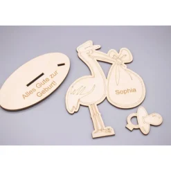 Geldgeschenk Storch - aus Holz personalisiert