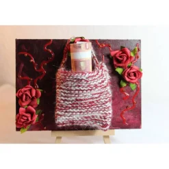 Geldgeschenk TASCHERL ROSEN Collage auf einer Malplatte inklusive Staffelei und einer kleinen Wolltasche - Ge