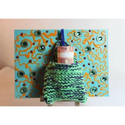 Geldgeschenk TASCHERL TÜRKIS/ORANGE Collage auf einer Malplatte inklusive Staffelei und einer kleinen Wolltasche - Ge