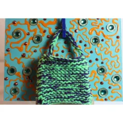 Geldgeschenk TASCHERL TÜRKIS/ORANGE Collage auf einer Malplatte inklusive Staffelei und einer kleinen Wolltasche - Ge