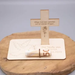 Geldgeschenk Taufe - aus Holz personalisiert