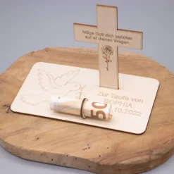 Geldgeschenk Taufe - aus Holz personalisiert