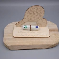 Geldgeschenk Tennis - aus Holz personalisiert