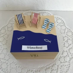 Geldgeschenk Urlaub Reise Meer Reisekasse Strand maritim Liegestuhl Wellness entspannen relaxen Frau Mann Holzbox