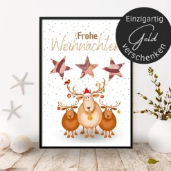 Geldgeschenk Weihnachten drei niedliche Rentiere |  Geschenkidee Weihnachtsgeld | Wunscherfüller Geld Stern