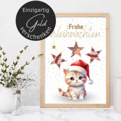 Geldgeschenk Weihnachten Katze mit Weihnachtsmütze |  Geschenkidee Weihnachtsgeld | Wunscherfüller Geld Stern