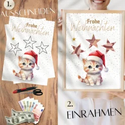 Geldgeschenk Weihnachten Katze mit Weihnachtsmütze |  Geschenkidee Weihnachtsgeld | Wunscherfüller Geld Stern