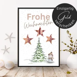 Geldgeschenk Weihnachten Schneemann vor Wintertanne |  Geschenkidee Weihnachtsgeld | Wunscherfüller Geld Stern