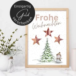 Geldgeschenk Weihnachten Schneemann vor Wintertanne |  Geschenkidee Weihnachtsgeld | Wunscherfüller Geld Stern