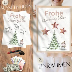 Geldgeschenk Weihnachten Schneemann vor Wintertanne |  Geschenkidee Weihnachtsgeld | Wunscherfüller Geld Stern