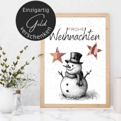 Geldgeschenk Weihnachten Schneemann schwarz weiß |  Geschenkidee Weihnachtsgeld | Wunscherfüller Geld Stern