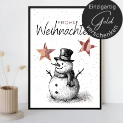 Geldgeschenk Weihnachten Schneemann schwarz weiß |  Geschenkidee Weihnachtsgeld | Wunscherfüller Geld Stern
