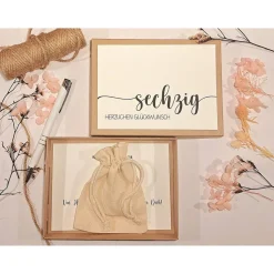 Geldgeschenk zum 60. Geburtstag – Personalisierte Geschenkbox mit Glückwunschkarte & Baumwollsäckchen