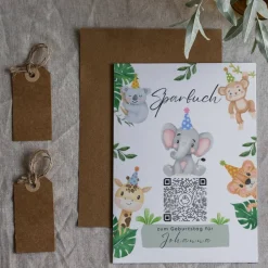 Geldgeschenk zum Geburtstag | Personalisiert | Digitale Spardose | QrCode Geschenkkarte | Party Elefant