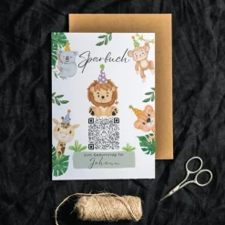 Geldgeschenk zum Geburtstag | Personalisiert | Digitales Sparbuch | QrCode Geschenkkarte | Party Löwe