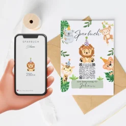 Geldgeschenk zum Geburtstag | Personalisiert | Digitales Sparbuch | QrCode Geschenkkarte | Party Löwe