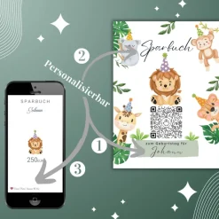 Geldgeschenk zum Geburtstag | Personalisiert | Digitales Sparbuch | QrCode Geschenkkarte | Party Löwe