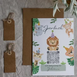 Geldgeschenk zum Geburtstag | Personalisiert | Digitales Sparbuch | QrCode Geschenkkarte | Party Löwe