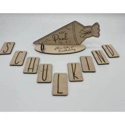 Geldgeschenk zur Einschulung aus Holz, Schultüte mit Wunschname, individueller Aufsteller, alternative Geschenkidee zur