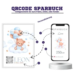Geldgeschenk zur Geburt | Digitales Sparbuch | Personalisiertes QrCode Bild | Motiv Geburt Blau