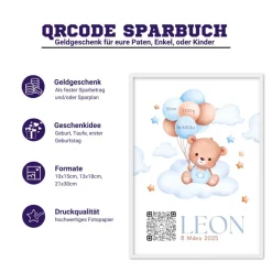 Geldgeschenk zur Geburt | Digitales Sparbuch | Personalisiertes QrCode Bild | Motiv Geburt Blau