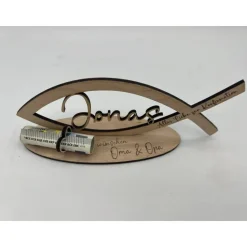 Geldgeschenk zur Kommunion aus Holz, Fisch mit Wunschname inkl. Gravur aus Holz, Konfirmation, Taufe, Jugendweihe, Namen