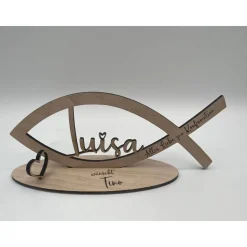 Geldgeschenk zur Kommunion aus Holz, Fisch mit Wunschname inkl. Gravur aus Holz, Konfirmation, Taufe, Jugendweihe, Namen