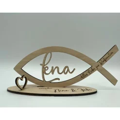 Geldgeschenk zur Kommunion aus Holz, Fisch mit Wunschname inkl. Gravur aus Holz, Konfirmation, Taufe, Jugendweihe, Namen