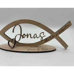 Geldgeschenk zur Kommunion aus Holz, Fisch mit Wunschname inkl. Gravur aus Holz, Konfirmation, Taufe, Jugendweihe, Namen