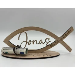 Geldgeschenk zur Kommunion aus Holz, Fisch mit Wunschname inkl. Gravur aus Holz, Konfirmation, Taufe, Jugendweihe, Namen