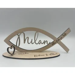 Geldgeschenk zur Taufe aus Holz – Fisch mit Wunschname & Gravur | Geschenkidee Kommunion, Konfirmation, Jugendweihe