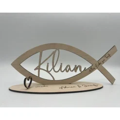 Geldgeschenk zur Taufe aus Holz – Fisch mit Wunschname & Gravur | Geschenkidee Kommunion, Konfirmation, Jugendweihe