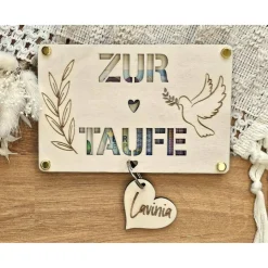 Geldgeschenk zur Taufe personalisiert Karte aus Holz Patenkind Enkelkind Nichte Neffe Mädchen Junge