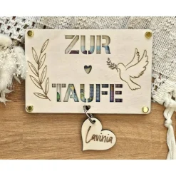 Geldgeschenk zur Taufe personalisiert Karte aus Holz Patenkind Enkelkind Nichte Neffe Mädchen Junge