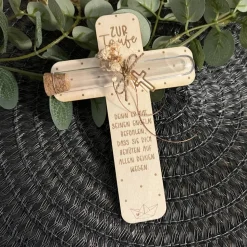 Geldgeschenk zur Taufe Taufgeschenk Kreuz Spruch Holz Lasergravur Trockenblumen Erinnerungstück Geschenkidee