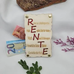 Geldgeschenkkarte zur Rente aus Holz Grußkarte Gutscheinkarte Holz Karte Ruhestand