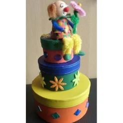 Geldgeschenkverpackung dreistöckige Torte mit 'Tontopfclown - bunt