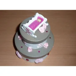 Geldgeschenkverpackung Torte mit Wiege und Baby - rosa-weiß-braun