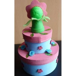 Geldgeschenkverpackung zweistöckige Torte mit Tontopffigur Blume- pink-blau