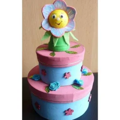 Geldgeschenkverpackung zweistöckige Torte mit Tontopffigur Blume- pink-blau