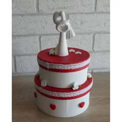 Geldgeschenkverpackung zweistöckige Torte mit Brautpaar und Verzierungen (rot/weiß)