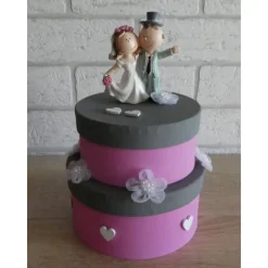 Geldgeschenkverpackung zweistöckige Torte mit Brautpaar und Verzierungen (rosa/grau)