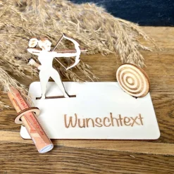 Geldscheinhalter Bogenschießen, Pfeil und Bogen, Geldgeschenk, Geburtstag, Geschenk, Wunschtext, Personalisierbar
